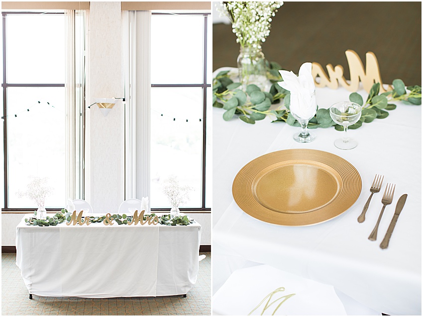 Head wedding table with gold mr. & mrs. Decorations and detail image of gold plate setting 