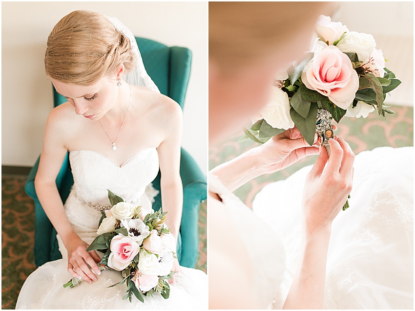 Bride in the left image looking down at her wedding bouquet of silk flowers while sitting in an emerald-colored fabric chair in the right image a focus on the in memory charms in her bouquet of her father and brother