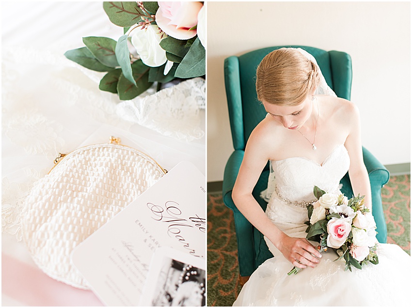 White beaded clutch purse with gold clasp on the left, on the right bride sitting in emerald green fabric chair. Bride is holding wedding bouquet Made of silk flowers. 