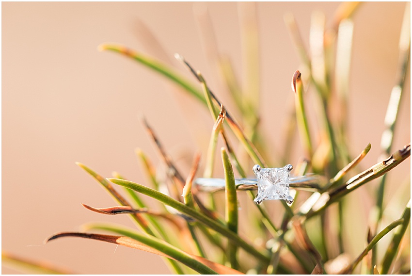 Close up image of engagement ring with a square cut diamond. 
